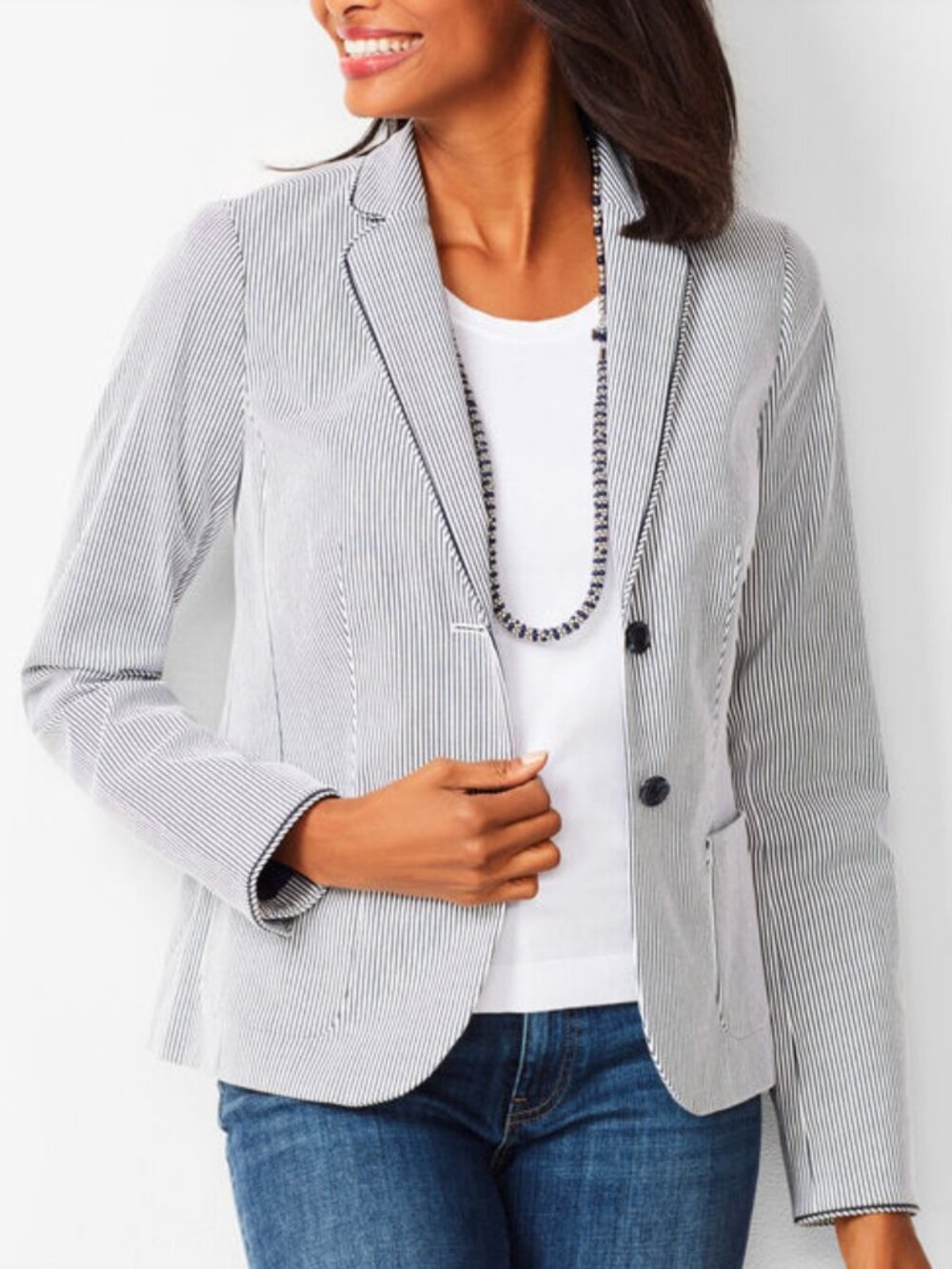 Talbots petite navy white striped piped Blazer